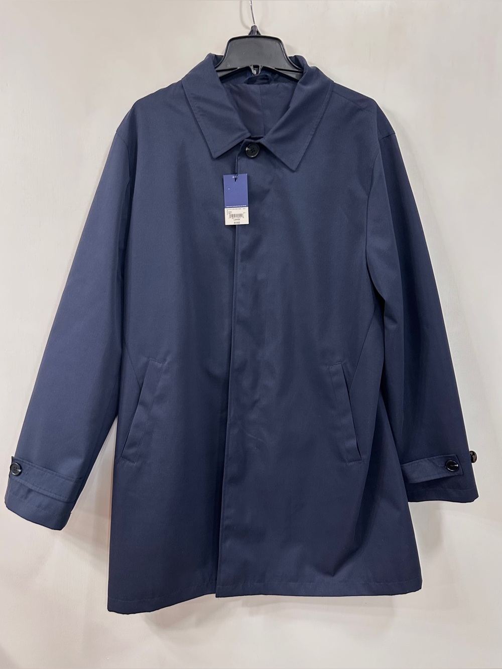 NWT Stafford Mens L Regular Fit Lightweight Navy Trenchcoat Rain Jacket $140